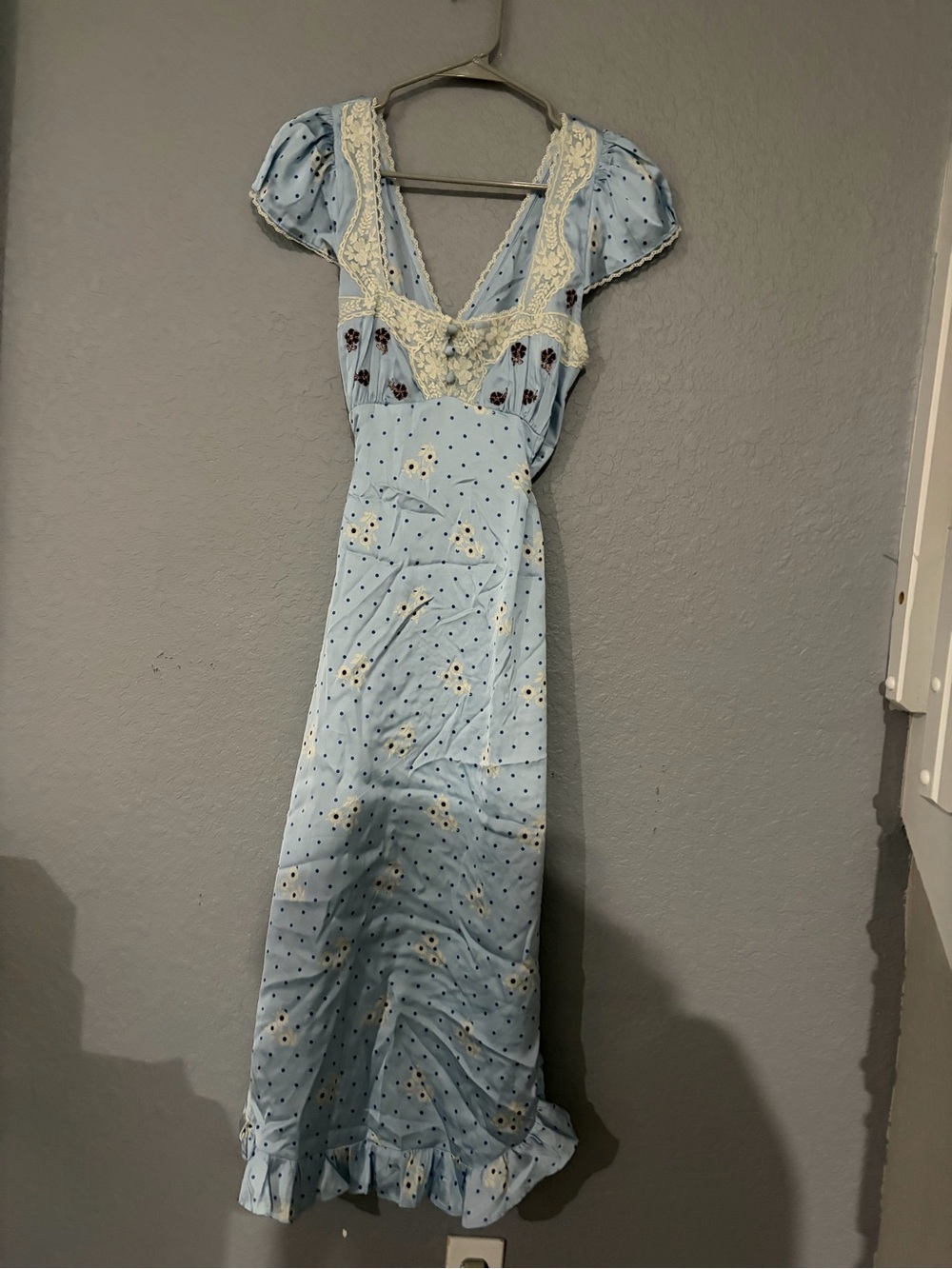 Free People Blue Floral Polka Dot Lace Wrap Maxi Dress Size Medium - Picture 4 of 6